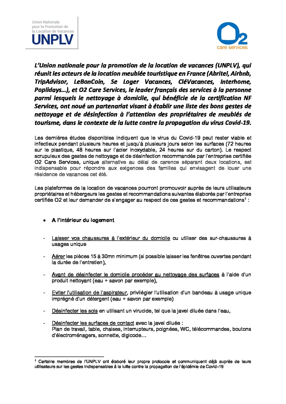 liste des bons gestes de nettoyage et de désinfection à l’attention des propriétaires de meublés de tourisme, dans le contexte de la lutte contre la propagation du virus Covid-19.